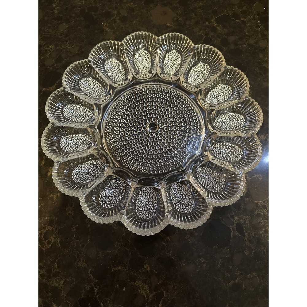 Indiana Vintage Clear Hobnail Glass Deviled Egg Scalloped Slot Serving Tray 1970